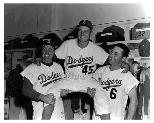 Johnny Podres being hoisted up by Duke Snider & another Brooklyn Dodger in the locker room post game at Ebbets Field - Flatbush - Brooklyn NY