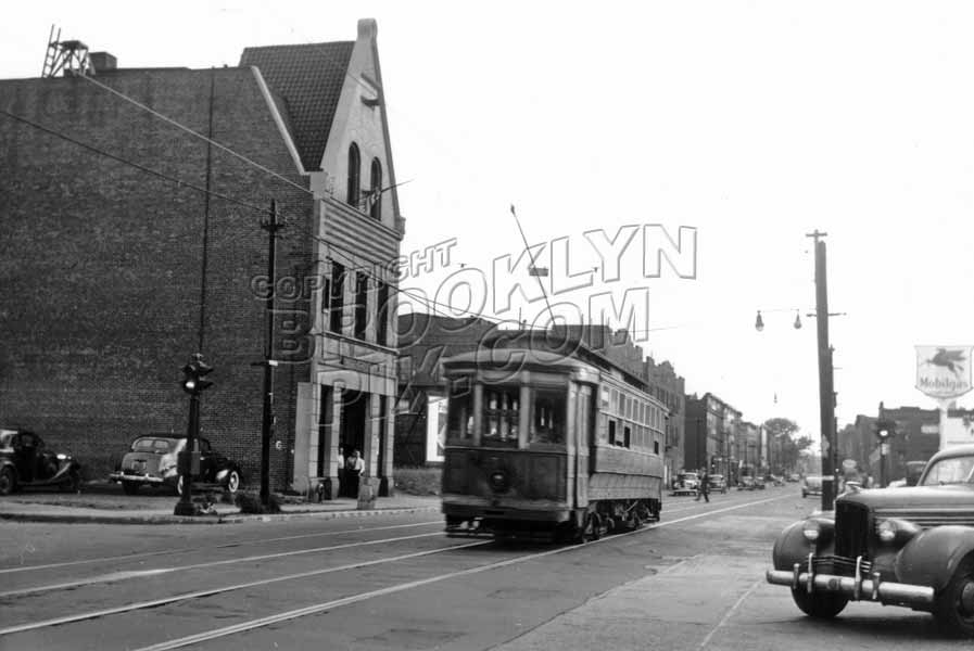 Liberty Avenue west from Conduit Avenue, showing fire house, 1947 Old Vintage Photos and Images