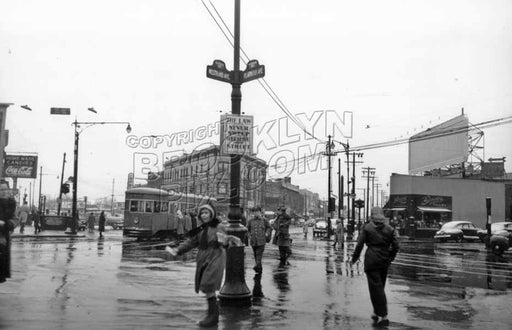 Looking south at The Junction, 1951, with girl distributing pamphlets Old Vintage Photos and Images