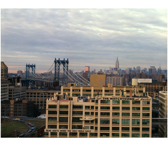 Manhattan skyline from Brooklyn rooftop, with Manhattan Bridge in the Background Old Vintage Photos and Images