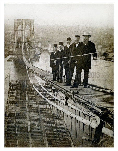 Men standing on Brooklyn Bridge under construction Old Vintage Photos and Images