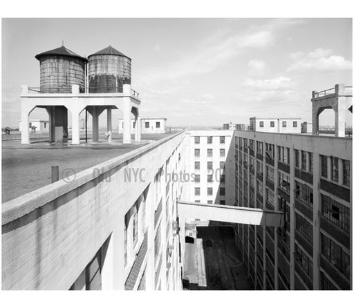 Navy Yard roofscape, looking west above railroad court, showing water tanks for sprinkler system, US Navy Fleet Supply Base Old Vintage Photos and Images
