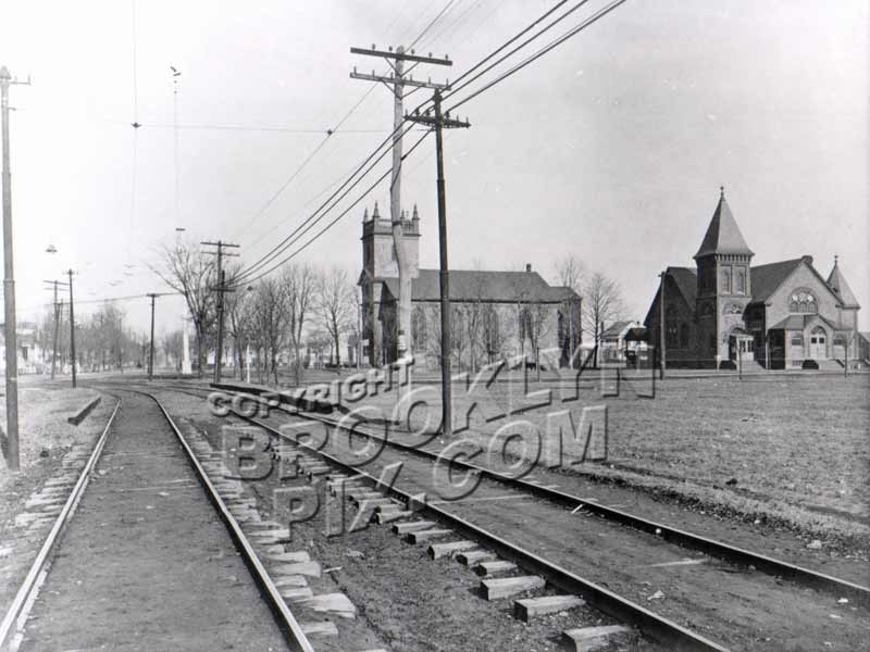 New Utrecht Dutch Reformed Church from 85th Street railroad station, 1900