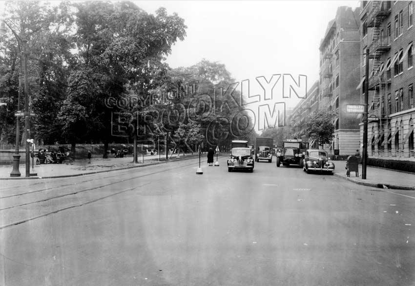 Ocean Avenue, looking north from Parkside Avenue, Prospect Park on left, 1940 Old Vintage Photos and Images