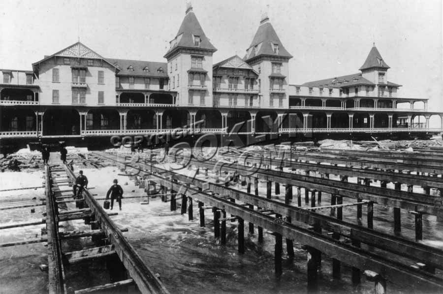 Ocean side view of Brighton Beach Hotel in process of being hauled back from the teeth of the ocean, 1888 Old Vintage Photos and Images