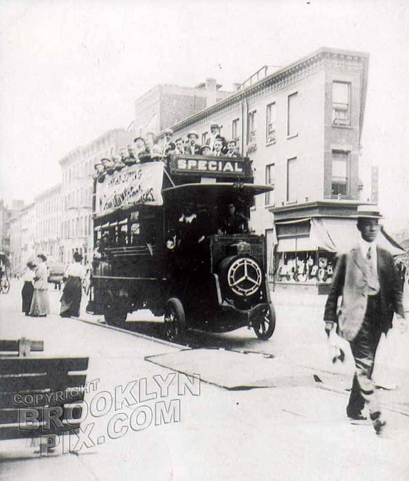 Pacific Street, west from Flatbush Avenue, showing company excursion on Mercedes bus, c.1916 Old Vintage Photos and Images
