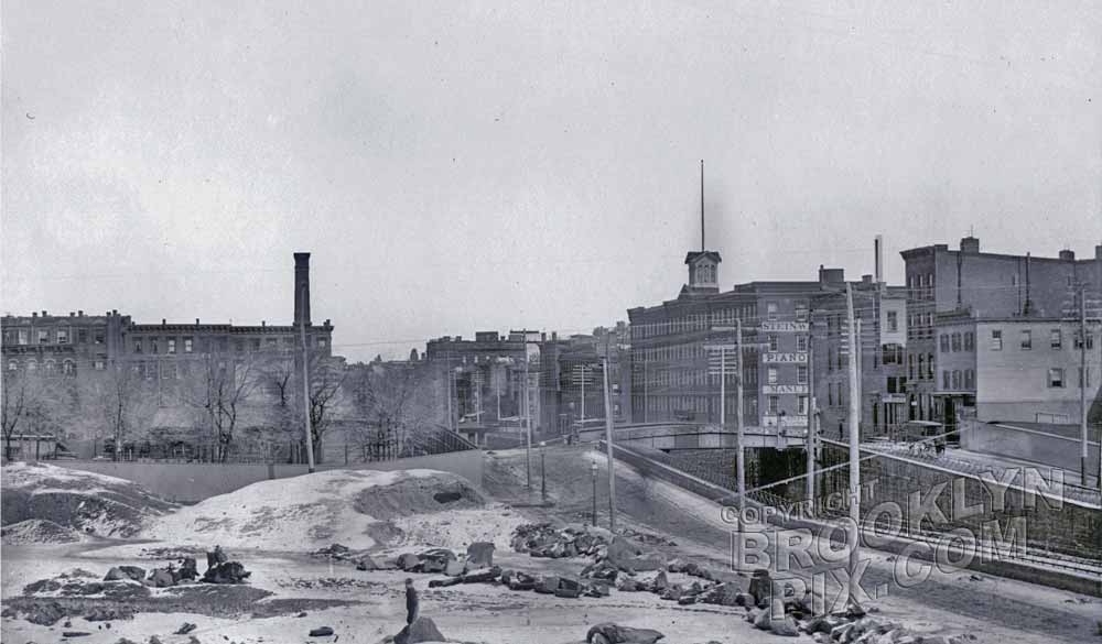 Park Avenue looking north from East 51st Street showing Steinway piano factory, 1890s Old Vintage Photos and Images