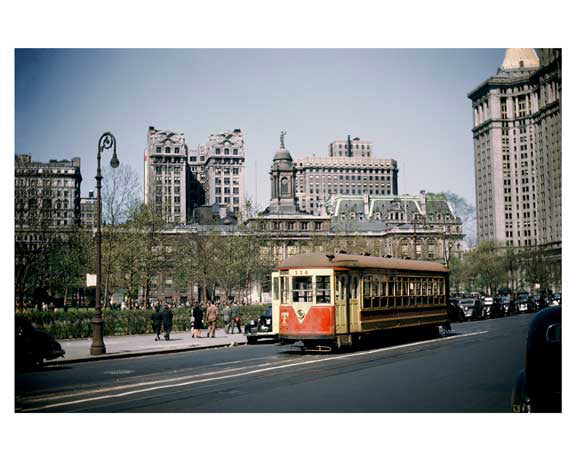 Park Row Trolley passing in front of City Hall 1947 - Civic Center Downtown Manhattan- New York, NY Old Vintage Photos and Images