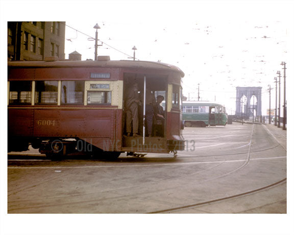 Park Row Trolley With Brooklyn Bridge In Background — Old Nyc Photos