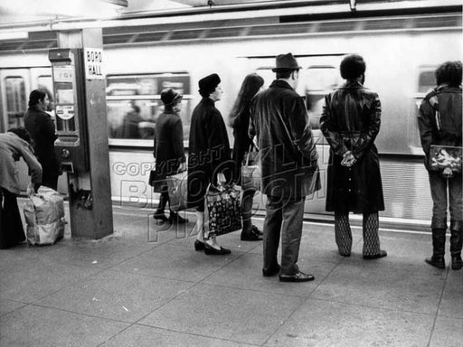 Passengers wait for the doors to open on a "Redbird" train at Borough Hall station, c.1970 Old Vintage Photos and Images