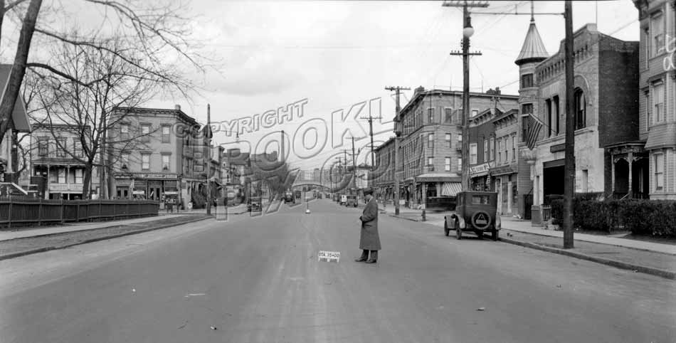 Prospect Avenue looking north toward Greenwood Avenue, showing Engine Company #240 at right, 1928 Old Vintage Photos and Images