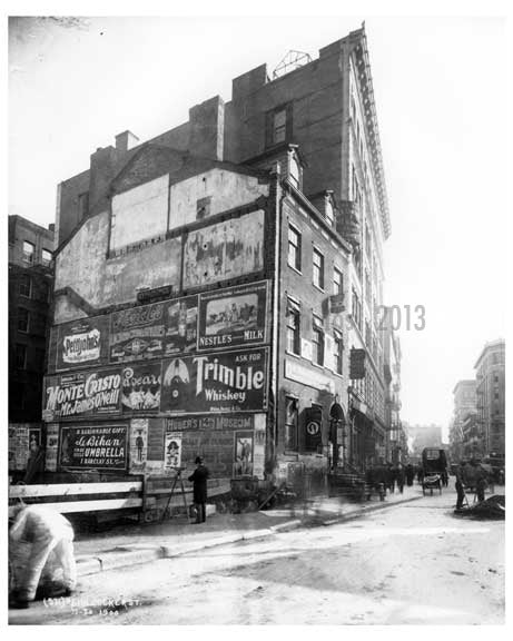 Side of a building covered in Ads - Bleecker Street Greenwich Village New York, NY 1900 Old Vintage Photos and Images