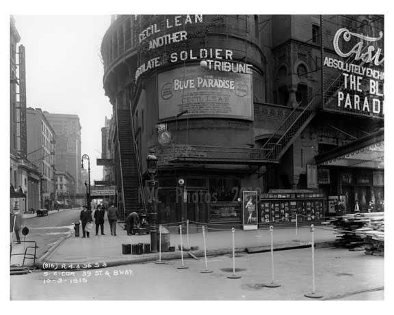 South East corner of  Broadway & 39th Street - Midtown Manhattan - 1915 Old Vintage Photos and Images