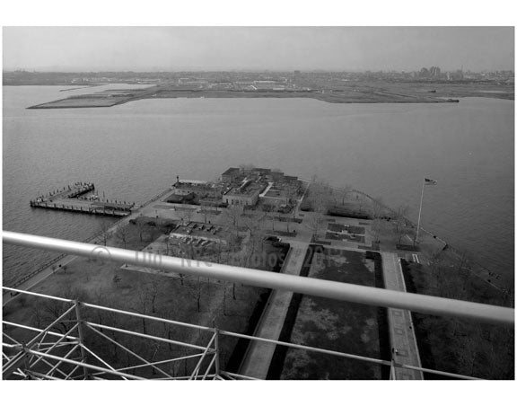 Statue of Liberty - view of scaffolding showing Liberty Island  landscpae & N.J. shoreline March 1985 Old Vintage Photos and Images