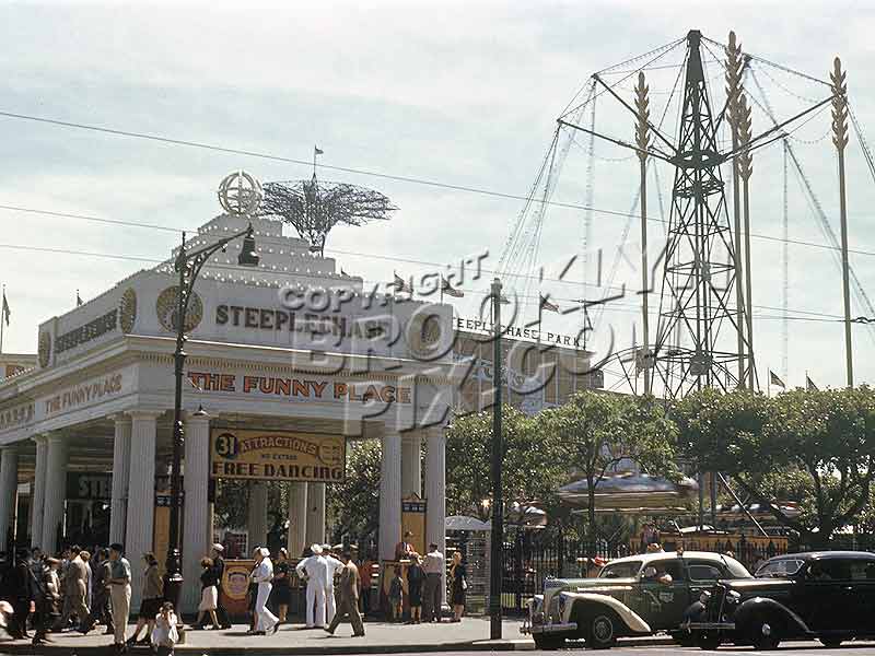 Steeplechase Park entrance from Surf Avenue, in 1943. The still-extant Parachute Jump in background Old Vintage Photos and Images