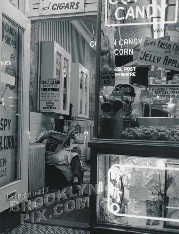 Taking a break at his Coney Island candy store, 1959 Old Vintage Photos and Images