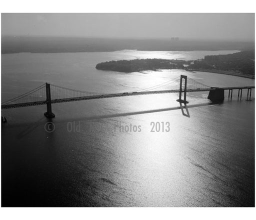 Throgs Neck Bridge - spans from east river from Queens to the Bronx - Aerial view looking east, with Long Island Old Vintage Photos and Images