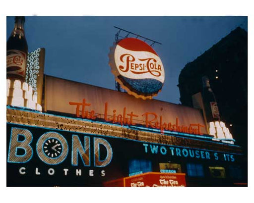 Times Square at night with a Pepsi Neon sign in focus 1958 New York, NY Old Vintage Photos and Images