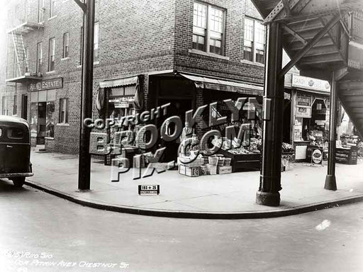 Tom's Grocery at SW corner of Pitkin Avenue and Chestnut Street. Fulton Street el overhead Old Vintage Photos and Images
