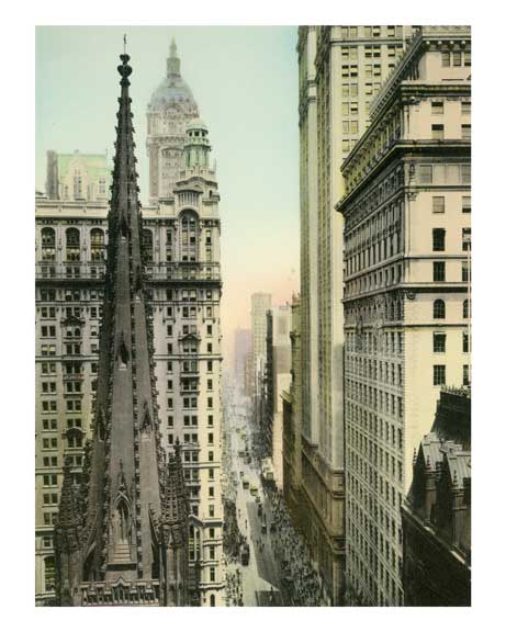 Trinity Church Tower - Broadway, North from Wall Street  - Financial District - New York, NY Old Vintage Photos and Images