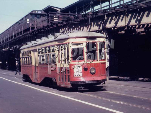 Trolley 8173 on Stillwell Ave. at Coney Island subway terminal ,1940s. Sea Beach train on structure Old Vintage Photos and Images