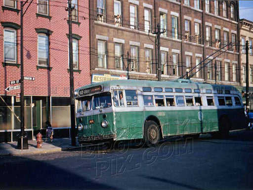 Trolley coach at terminal, Box Street and Manhattan Avenue, 1960 Old Vintage Photos and Images