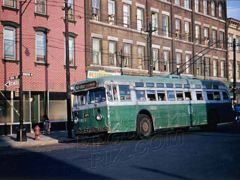 Trolley coach at terminal, Box Street and Manhattan Avenue, 1960 Old Vintage Photos and Images