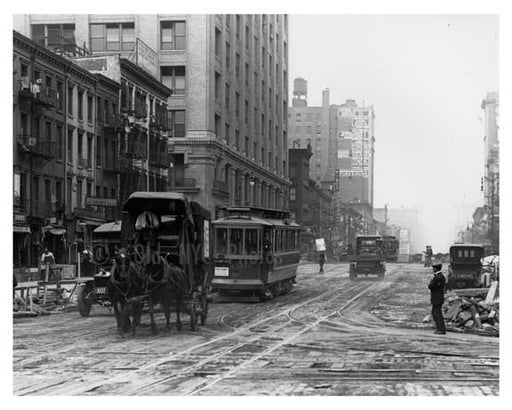 Trolley & Horse Traffic going down 7th Avenue - between  23rd & 24th Streets  1917 Chelsea NYC Old Vintage Photos and Images