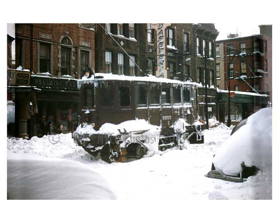 Trolley operating in post blizzard conditions  - Crown Heights - Brooklyn, NY 1950s Old Vintage Photos and Images