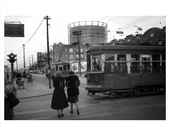Trolley passing & people walking along 8th Avenue  - Bay Ridge circa 1940s Brooklyn NY
