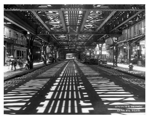 Under the elevated train tracks at  Greenwich Street - Manhattan - NYC 1914 Old Vintage Photos and Images