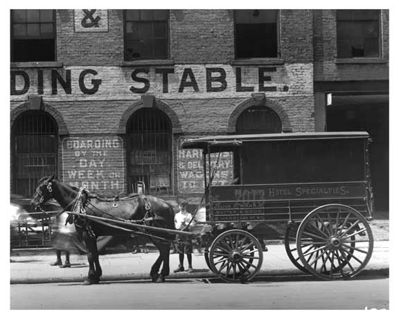 Upclose shot of Horse & Wagon outside of the 7th Avenue Sale Exchange & Boarding Stable  - Midtown Manhattan - 1914 Old Vintage Photos and Images