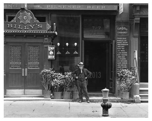 Upclose shot of man standing outside 'Cafe Billies' 7th Avenue - Midtown - Manhattan 1915 Old Vintage Photos and Images