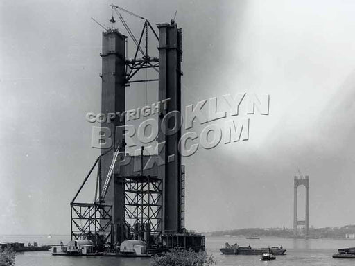 Verrazano-Narrows Bridge under construction - View from Brooklyn in 1962 Old Vintage Photos and Images