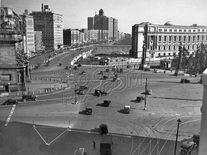View across Grand Army Plaza showing Central Library and apartment houses along Eastern Parkway, early 1930s Old Vintage Photos and Images