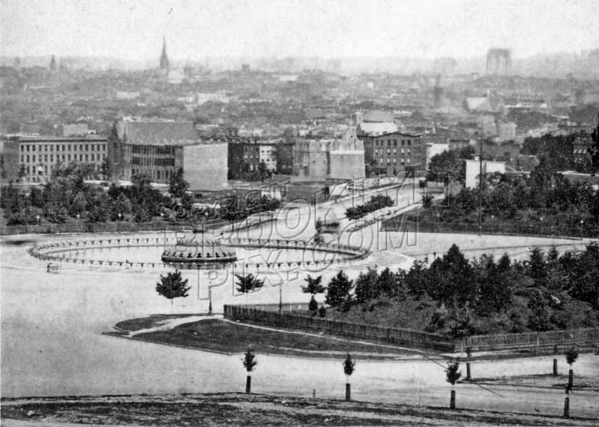 View of the Plaza and Park Slope from Mount Prospect Reservoir. Brooklyn Bridge under construction, c.1875 Old Vintage Photos and Images