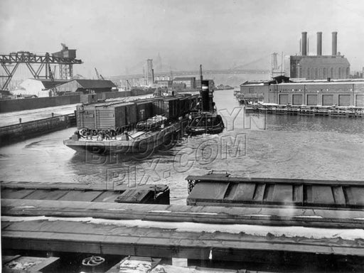 Wallabout Channel railroad car float being moved by tugboat, February 1941 Old Vintage Photos and Images