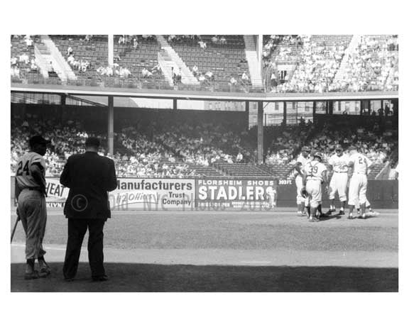 Willie Mays at bat - Dodgers pitching conference at Ebbets Field 1957 1