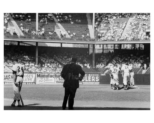 Willie Mays at bat - Dodgers pitching conference at Ebbets Field 1957 3
