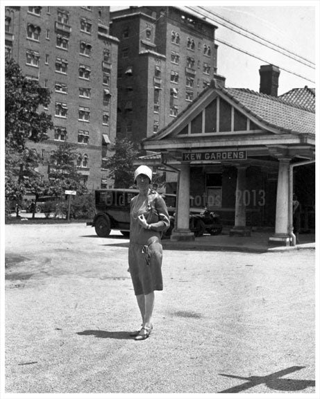 Woman in front of Kew Gardens LIRR Station 1928 Old Vintage Photos and Images